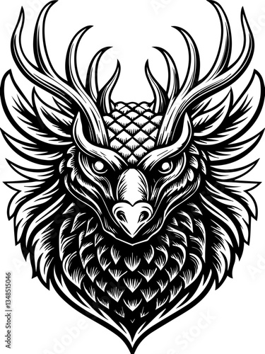 Mythical creatures and demons in SVG vector format. Intricate Black and White Dragon Head with Antler Details