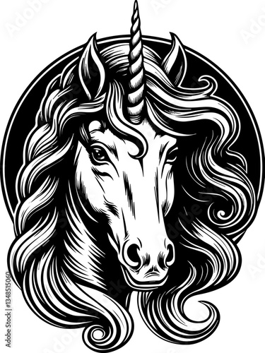 Mythical creatures and demons in SVG vector format. Elegant Unicorn Illustration with Flowing Mane and Spiraled Horn