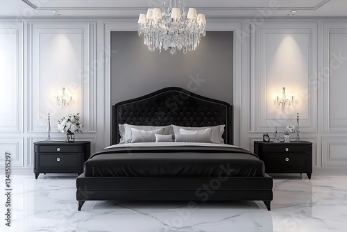 Luxurious bedroom, black bed, ornate chandelier, marble floor, elegant interior