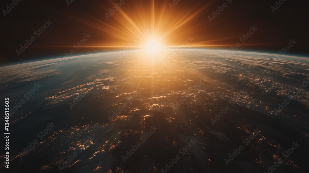 Obraz premium The bright sun rising above the clouds surrounding the planet earth