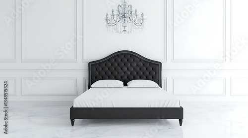 Bedroom with black bed and crystal chandelier in a clean, white room with marble floor
