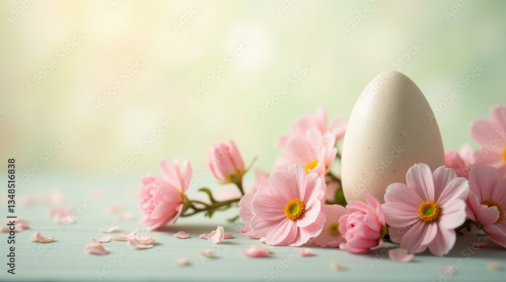 Delicate Easter Composition: Egg and Flowers – A beautifully painted Easter egg placed among fresh pink blossoms on a soft pastel background. Delicate Easter Composition: Egg and Flowers – A beautifully painted Easter egg placed among fresh pink blossoms on a soft pastel background.