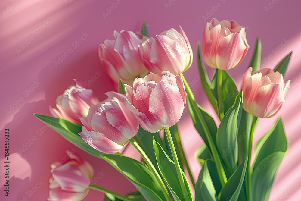 High Definition View of Bouquet of Tulips on Pink Background High Definition View of Bouquet of Tulips on Pink Background