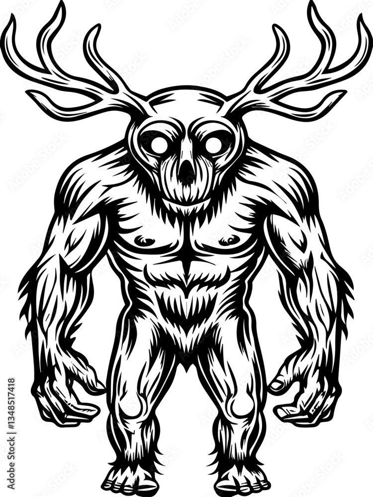 Fototapeta premium Mythological Demons legendary dark entities in SVG and vector format. Mystical humanoid creature with antlers and glowing eyes design