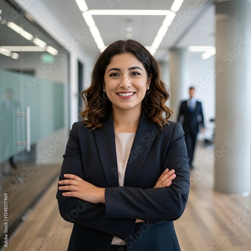 Una mujer de negocios con los brazos cruzados en su oficina. Una mujer de negocios con poses confiables y traje.