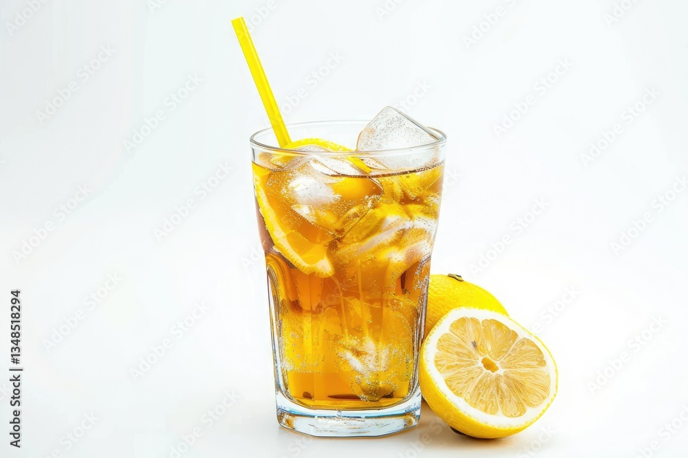 White, Glass of Iced Tea with Lemon and Straw, Isolated on White Background White, Glass of Iced Tea with Lemon and Straw, Isolated on White Background