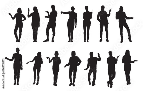 Set of black silhouettes of different people, men and women standing full length and pointing to the side and up with fingers and arms. Flat vector illustration isolated on transparent background
