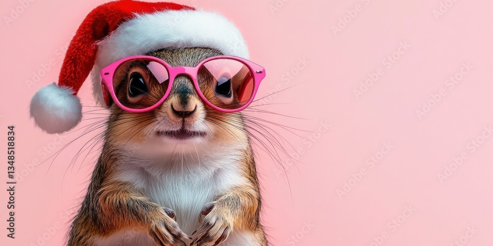 Obraz premium Cool Christmas Squirrel with Santa Hat and Sunglasses Funny Winter Animal Greeting Card