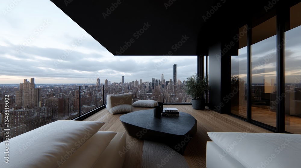 Fototapeta premium Modern penthouse balcony overlooking city skyline
