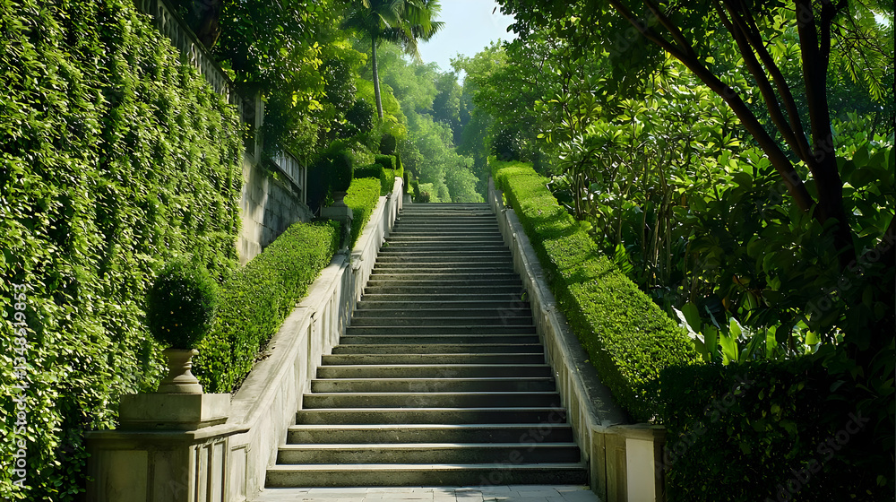 Stone Staircase Ascends Through Lush Green Garden Wall and Trees Under Bright Sunlight Stone Staircase Ascends Through Lush Green Garden Wall and Trees Under Bright Sunlight