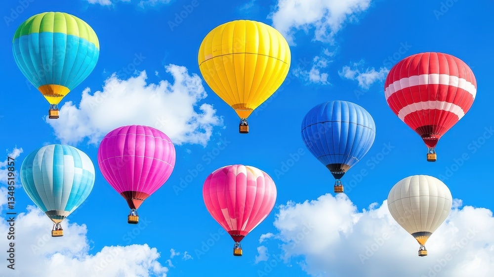 Fototapeta premium Colorful Hot Air Balloons Flying High in a Bright Blue Sky with Fluffy White Clouds