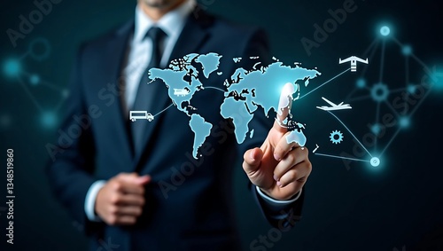 Executive Engaging with Futuristic Holographic Interface Showcasing Global Logistics, Smart Supply Chain Solutions, and Advanced Digital Connectivity