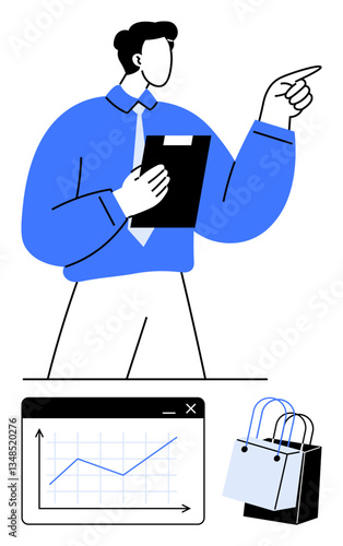 Man holding a clipboard while pointing, bar graph with upward trend, shopping bags. Ideal for business, sales growth, marketing, analytics, e-commerce retail strategy team briefing. Flat simple