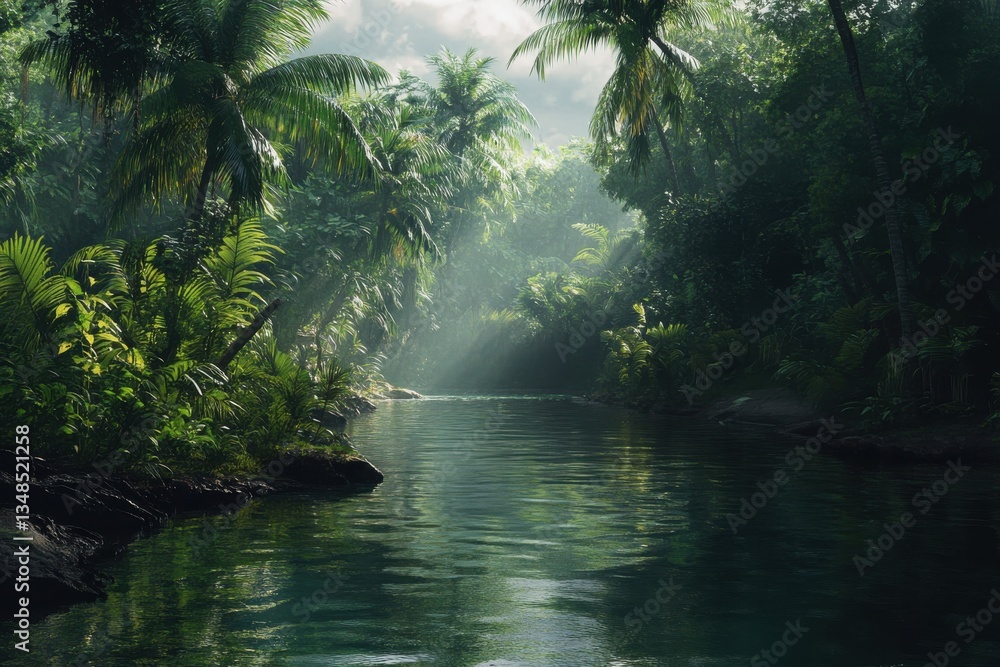 Fototapeta premium A serene journey through the lush jungle along a tranquil river at dawn