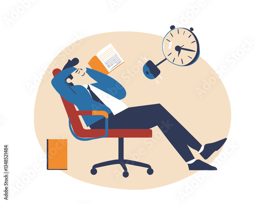 Afternoon Slump Concept: Businessman Procrastinating and Sleeping in Office Chair with Book and Alarm Clock Flat Minimalist Vector