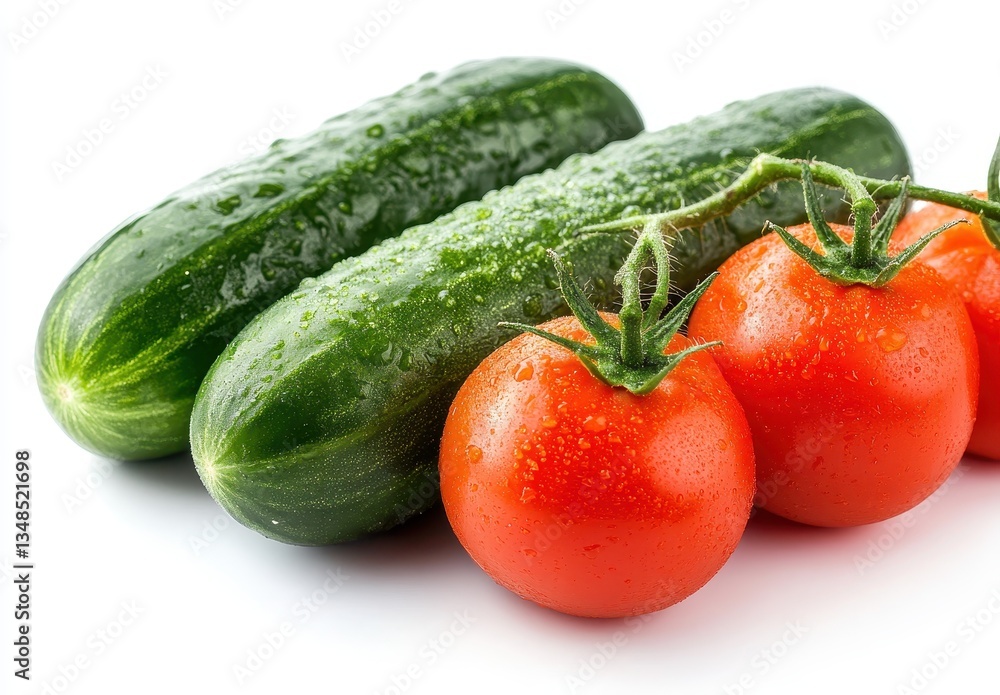 Fresh Cucumbers and Ripe Tomatoes with Water Droplets on White Background for Healthy Eating and Cooking Concepts Fresh Cucumbers and Ripe Tomatoes with Water Droplets on White Background for Healthy Eating and Cooking Concepts