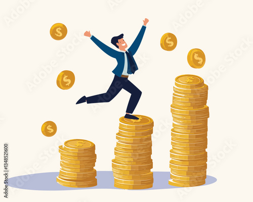 Happy Investor Jumping on Stacks of Gold Coins Depicting Compound Interest, Money Growth, and Investment Prosperity in Flat Minimalist SVG Vector