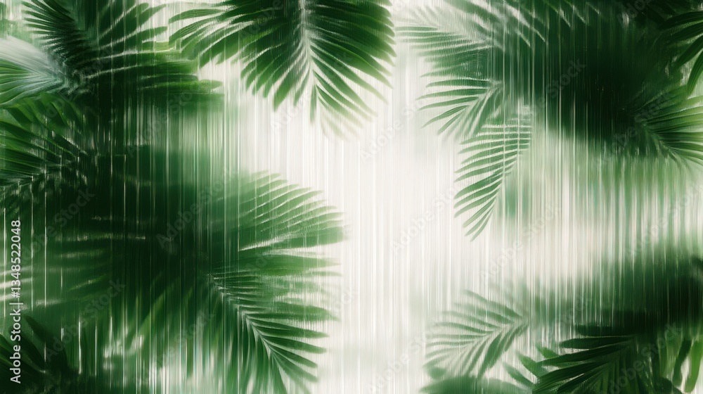 Obraz premium Abstract Tropical Leaves Behind Frosted Glass in Soft Lighting for Modern Luxury Beauty and Skincare Advertising