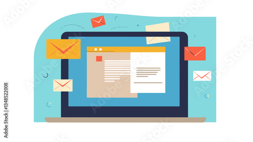 Modern Flat Design HTML Email Concept with Laptop and Floating Envelopes for Business Communication and Digital Marketing