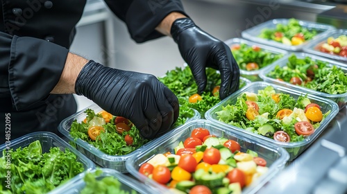 Chef preparing fresh salads in plastic containers.