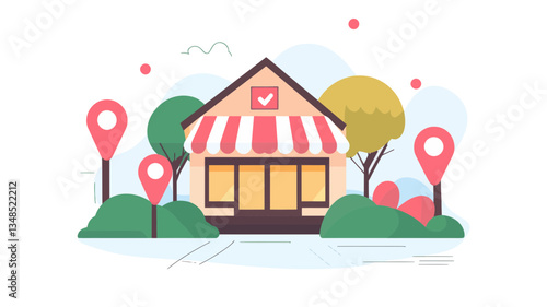 Store Locator Concept with Map Pins and Shopfront Flat Design Vector Illustration for Business Location and Navigation