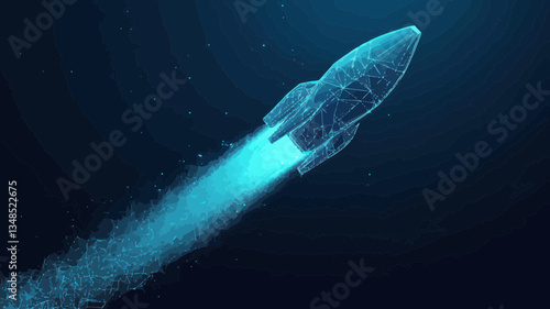 Polygonal Digital Rocket in Earth's Orbit - Abstract Light Blue Technological Background, Low Poly Wireframe Vector Illustration, 3D Effect Spacecraft, Futuristic Space Exploration Concept