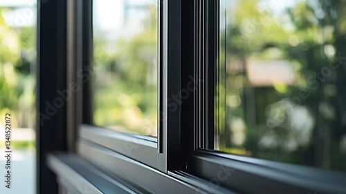 A close-up of a modern window with a black frame, glass reflecting green plants and soft sunlight outside, blurred background, warm lighting effect Free Download A close-up of a modern window with a black frame, glass reflecting green plants and soft sunlight outside, blurred background, warm lighting effect - GFXLoad