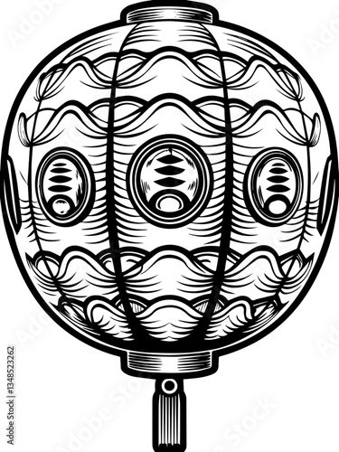 Oni Tengu and Yokai legendary Japanese demons in SVG and vector format.Decorative Lantern in Black and White Outline Style Design