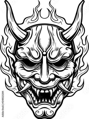 Oni Tengu and Yokai legendary Japanese demons in SVG and vector format.Dramatic Japanese Oni Mask Design with Flames and Horns