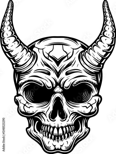 Oni Tengu and Yokai legendary Japanese demons in SVG and vector format.Intricate Black and White Skull Design with Horns and Details