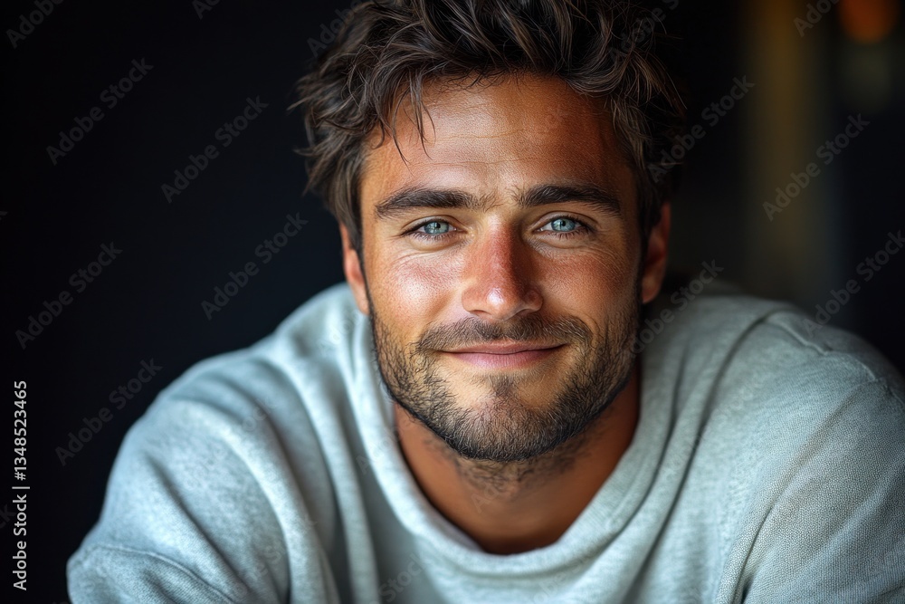 Fototapeta premium Smiling Young Man in White Sweatshirt Portrait Mockup Dark Background