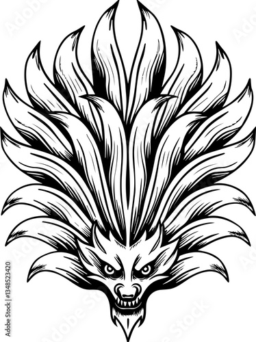 Oni Tengu and Yokai legendary Japanese demons in SVG and vector format.Intricate Black and White Wolf Head with Spiky Fur Design