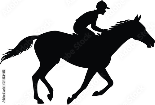 Black silhouette of a jockey riding a horse in motion on an isolated white background