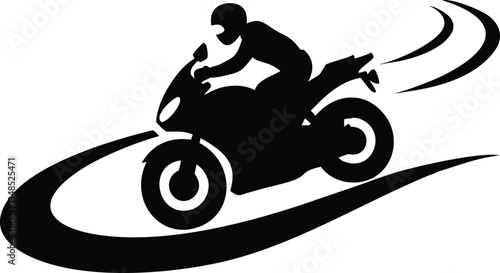 Black Silhouette of Motorcyclist Riding Bike with Motion Trails on White Background