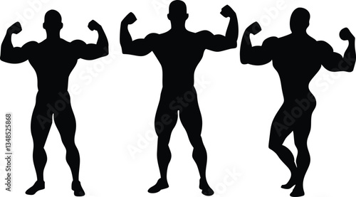 Black Silhouettes of Bodybuilders Posing, Showing Muscular Bodies on White Background