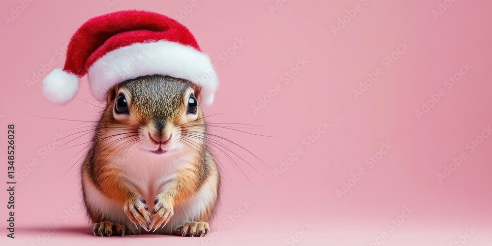 Fototapeta premium Cute Squirrel in Santa Hat on Pink Background Holiday Greeting Card Christmas Celebration