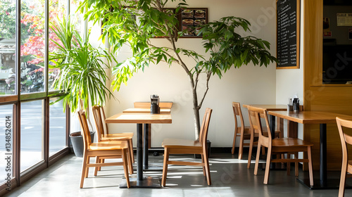 Empty Restaurant Interior With Wooden Tables And Chairs Next To Window With Sunlight and Green Plants