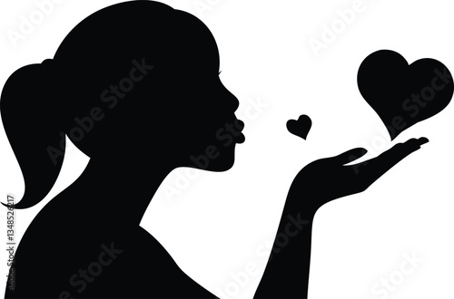 Blowing Hearts Silhouette Woman, Ponytail, Love Symbols, Gesture, Minimalist, Black