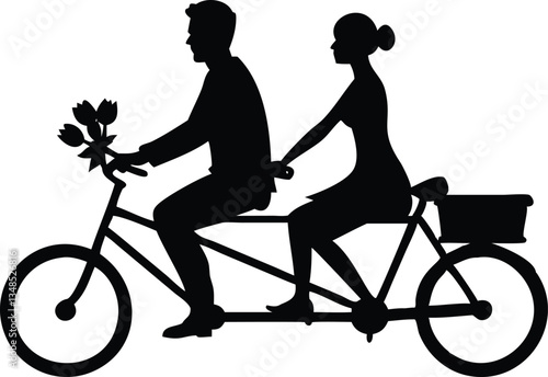 Couple silhouette riding tandem bicycle with flower. Minimalist art,black and white