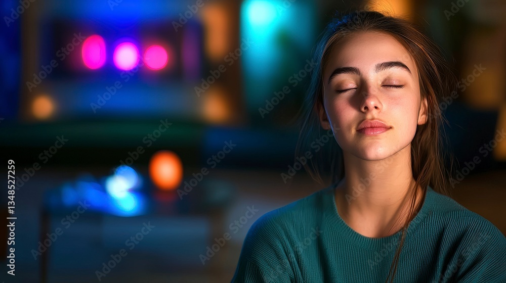 Obraz premium Serene Young Woman Meditating Inner Peace Tranquil Mind Soft Light