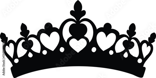 Decorative Black Silhouette Crown with Heart Shapes and Ornamental Floral Details