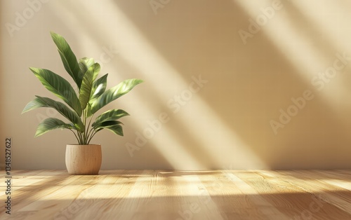 wooden table with a green plant against a beige wall, perfect for product display mockups. A minimalist, photorealistic scene with soft natural lighting