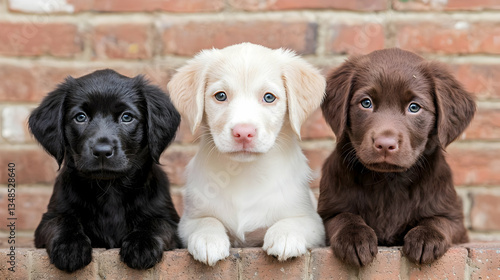 Three Adorable Labrador Puppies Posing Against A Brick Wall