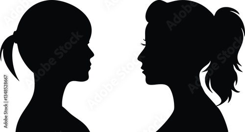 Girl and woman silhouette profiles, black on white, diverse hairstyles, minimal design