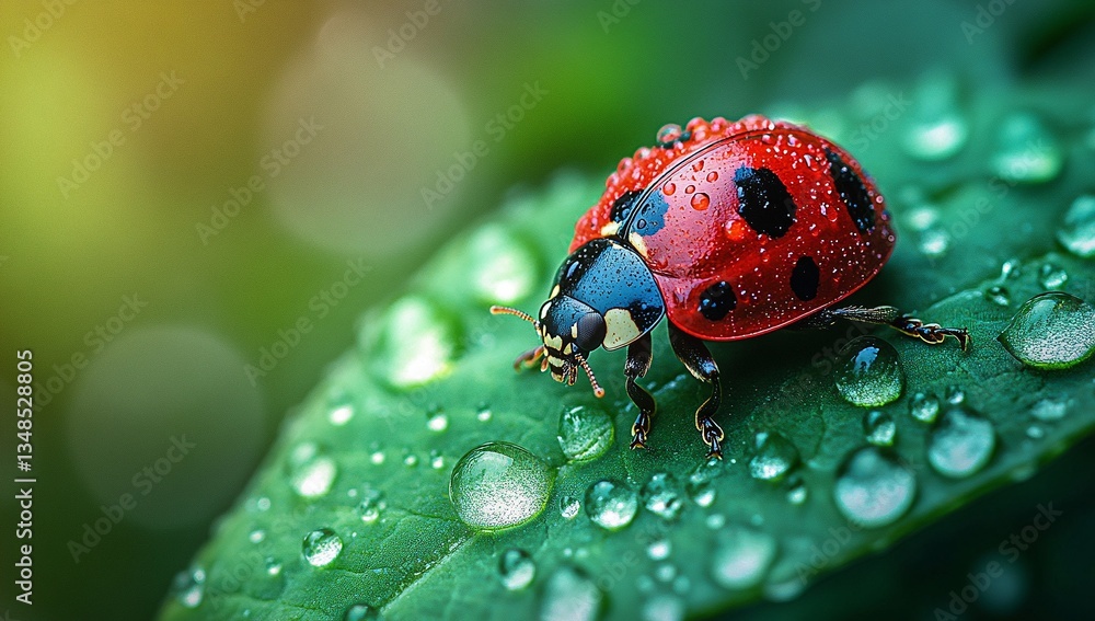 Obraz premium A vibrant ladybug, glistening with morning dew, rests on a lush green leaf. Nature's beauty captured in a single frame.