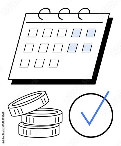 Calendar representing scheduling and dates, coins symbolizing money or savings, and checkmark indicating completion or approval. Ideal for planning, finance, organization, goals, deadlines