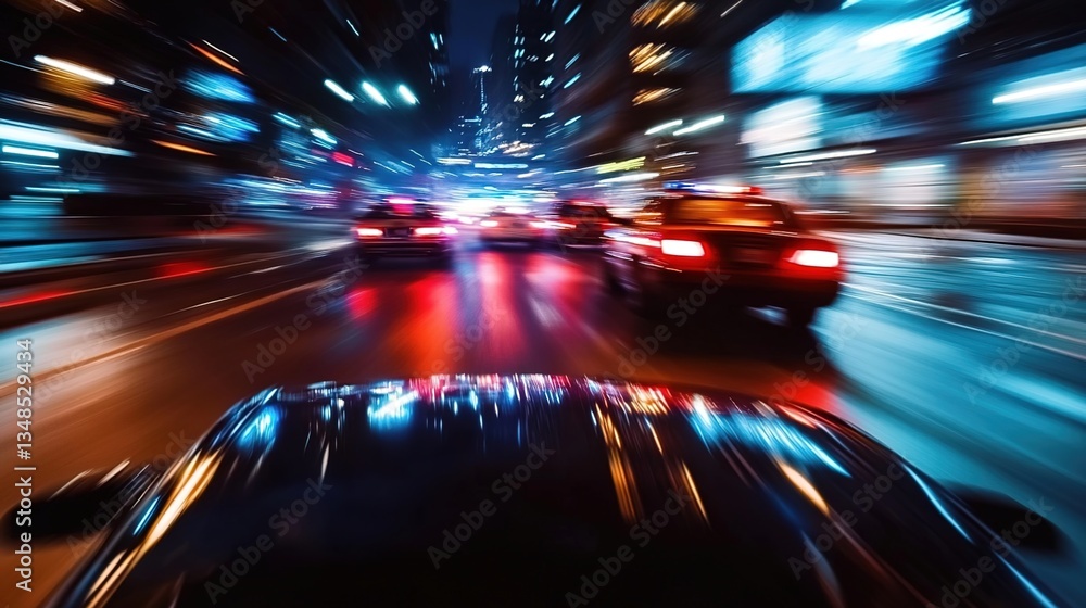 Obraz premium A police car speeding through city streets at night, red and blue lights flashing on top, surrounded by blurred tall buildings and lights, street reflecting the lights