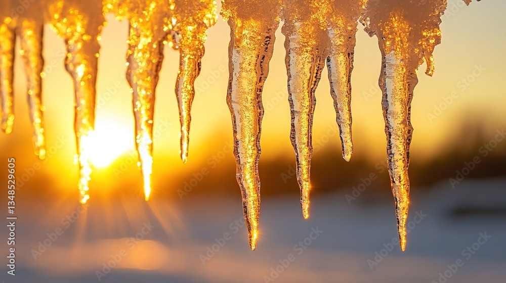 A row of icicles hanging from a roof, warm sunset light illuminating the icicles, the icicles sparkling with golden reflections, blurred sunset and sky in the background A row of icicles hanging from a roof, warm sunset light illuminating the icicles, the icicles sparkling with golden reflections, blurred sunset and sky in the background