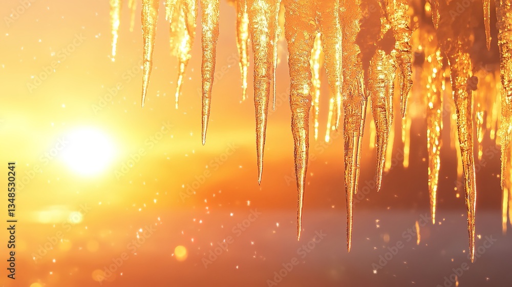 A row of icicles hanging from a roof, warm sunset light illuminating the icicles, the icicles sparkling with golden reflections, blurred sunset and sky in the background A row of icicles hanging from a roof, warm sunset light illuminating the icicles, the icicles sparkling with golden reflections, blurred sunset and sky in the background