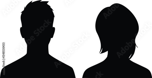 Man and Woman Silhouette, Head and Shoulders, Couple Profile, Black Outline, Portrait